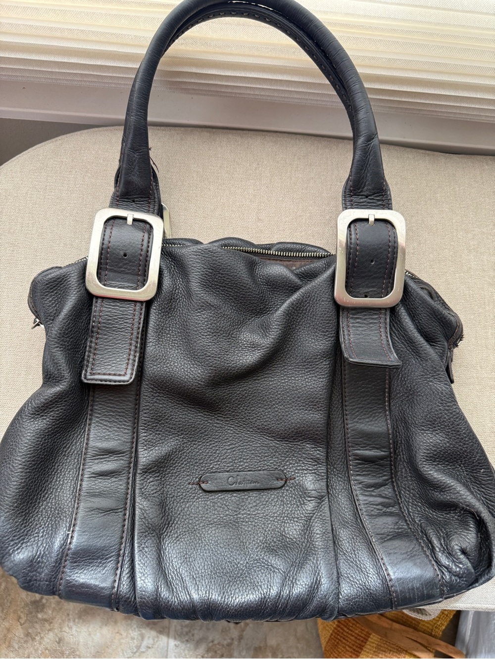 Cole Haan Black Leather Shoulder Bag with Silver Buckle Accents